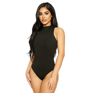 Slim fit black ribbed cotton bodysuit for women with a mock neck and sleeveless design
