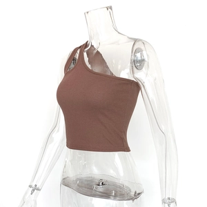 Detail of dark brown ribbed knit crop top featuring a slim one-shoulder asymmetric design