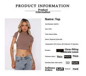 Detail of coffee brown ribbed crop top fabric with cotton blend texture and high waist cut