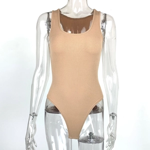 Detailed view of the nude ribbed knit fabric and U-neckline on the sleeveless bodysuit