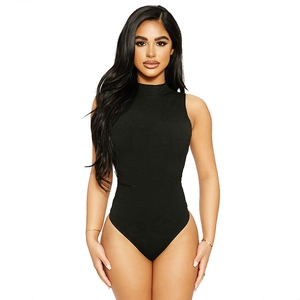 Detail of black ribbed knit bodysuit showing the sleeveless design and high neckline texture