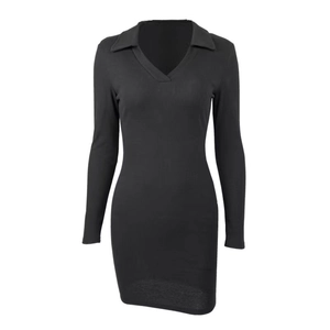 Slim fit black ribbed knit bodycon dress featuring long sleeves and classic polo collar