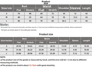 Size chart showing S, M, L measurements for the women's slim fit crop top t-shirt