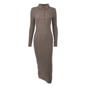 Slim fit dark brown polo neck ribbed knit maxi dress with side slit and long sleeves