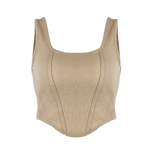 Sexy beige ribbed knit corset tank top with square neck and curved boning hem for women