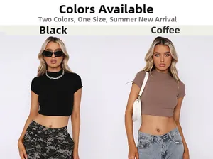Short sleeve mock neck crop tops shown in black and coffee brown colors for women