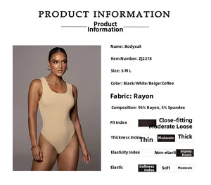 Detail view of ribbed apricot bodysuit fabric with material specifications and size chart