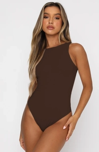 Detail of dark brown sleeveless bodysuit with a chic halter neck and slim fit texture