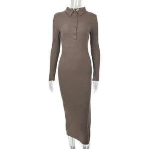 Detail of mocha ribbed knit texture and polo collar with four buttons on a slim midi dress