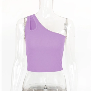 Slim fit purple one-shoulder ribbed crop top with stylish cutout details for women