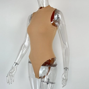 Detail view of camel ribbed knit bodysuit featuring mock neck and sleeveless design