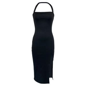 Elegant black halter neck bodycon dress with side slit and backless minimalist design