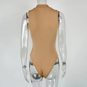 Detail of ribbed knit fabric and high-neck sleeveless design on a slim-fit bodysuit