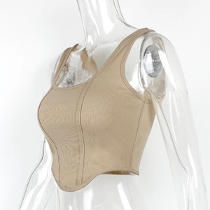 Detail of khaki ribbed knit crop top with square neckline and curved corset-style hemline