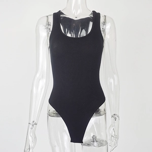 Detailed view of black ribbed knit bodysuit featuring a U-neck and sleeveless design