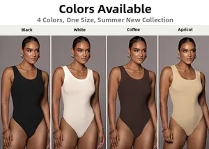 Women's sleeveless bodysuit shown in black, white, coffee, and apricot ribbed fabric