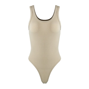 Beige ribbed knit U-neck sleeveless bodysuit for women with a sleek high-cut silhouette