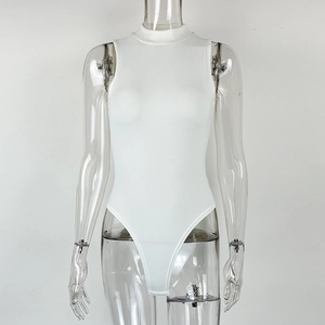 Detail view of white ribbed fabric texture on mock neck sleeveless bodysuit