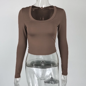 Detail of mocha brown scoop neck crop top with tight fit and elastic long sleeves