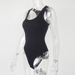 Detail of black ribbed knit bodysuit showing the U-neckline and elastic fabric texture