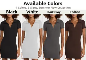 Collage of ribbed knit mini dresses featuring V-neck polo collars in four different colors