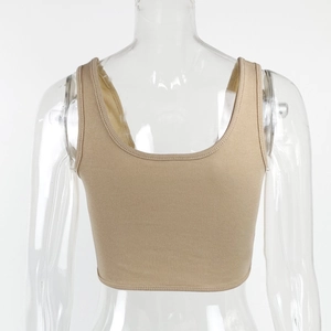 Detailed view of the vertical ribbed texture on a khaki U-neck crop top camisole