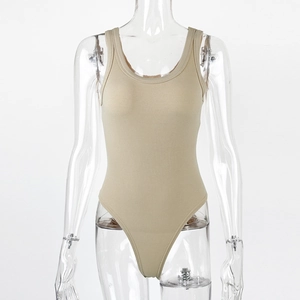 Close-up of khaki ribbed cotton bodysuit showing high-stretch texture and sleeveless round neck