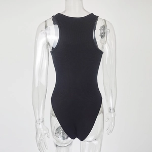 Detailed back view of a black ribbed knit sleeveless bodysuit with a racerback U-shaped cut