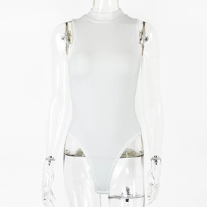 Detail showing white ribbed knit fabric texture of the sleeveless mock neck bodysuit