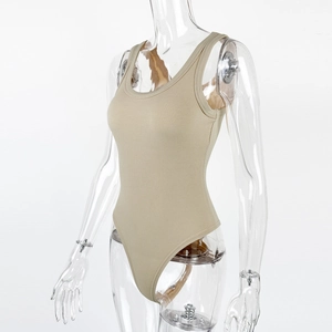Close-up of khaki ribbed sleeveless bodysuit on mannequin with high elasticity detail