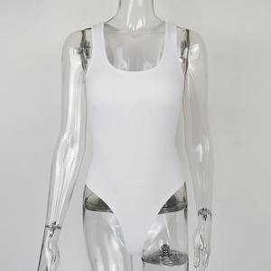 Detail of white ribbed cotton bodysuit with wide straps and a deep U-neckline