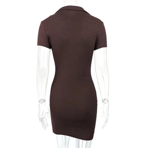 Back view of a dark brown ribbed knit slim-fit mini dress with a classic polo collar