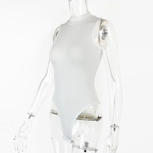 Detailed view of the white ribbed knit fabric and high neck design of this bodysuit