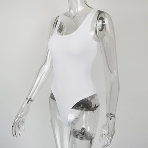 Detail shot of white ribbed knit fabric texture on a sleeveless U-neck bodysuit