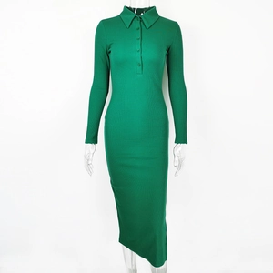 Detail of emerald green ribbed knit dress featuring a polo collar and button neckline