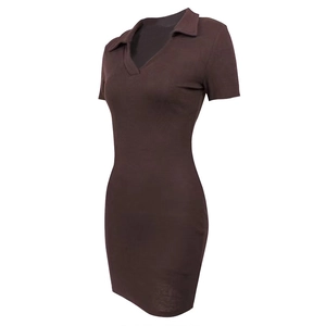 Close-up of ribbed knit texture on the dark brown V-neck mini polo dress
