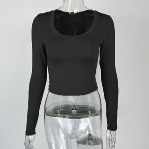 Close-up of black U-neck slim fit long sleeve top with ribbed knit texture detail