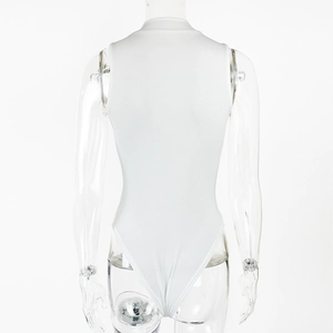 Detail view of the back of a white ribbed high-neck sleeveless bodysuit for women