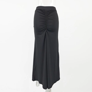 Detail of the vertical ruching design on back of the slim fit black maxi skirt