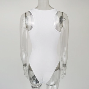 Rear view of white ribbed bodysuit featuring high-cut leg and racerback style on a model