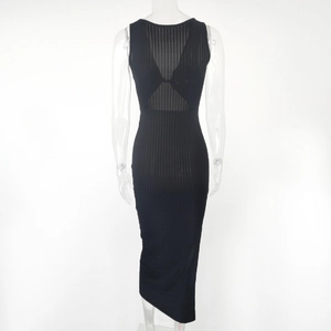 Detail view of the back bow-shaped cutout and ribbed knit texture of a black midi dress