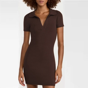 Women's brown ribbed short sleeve bodycon polo dress with deep V-neck and collar detail