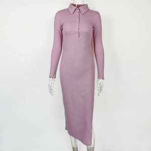 Detail of lavender ribbed knit texture and side slit on this slim polo collar dress