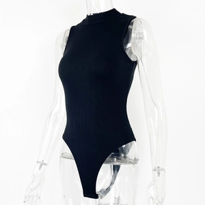 Detailed view of the black rib-knit bodysuit featuring a high neck and sleeveless design
