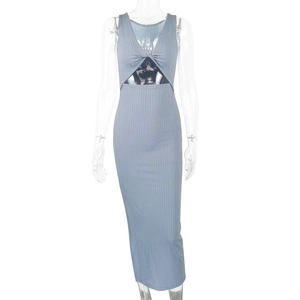 Close-up of twist-knot neckline and waist cutout on blue ribbed knit midi dress
