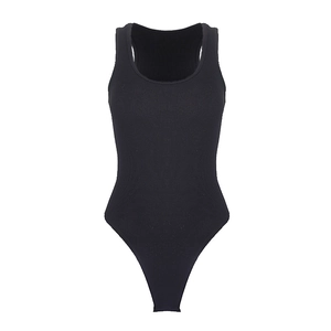 Sleeveless black ribbed cotton bodysuit for women featuring a U-neck and high-cut fit