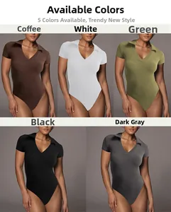 Close-up of ribbed cotton bodysuits in coffee, white, green, black and grey colors