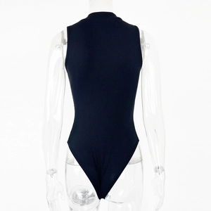 Close-up of black ribbed knit fabric and high neckline on sleeveless cotton bodysuit
