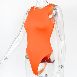Detail view of bright orange sleeveless bodysuit with high-cut design and elastic fabric