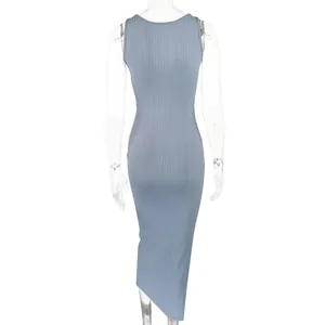 Close-up of ribbed knit sleeveless dress featuring a racerback and irregular curved hemline